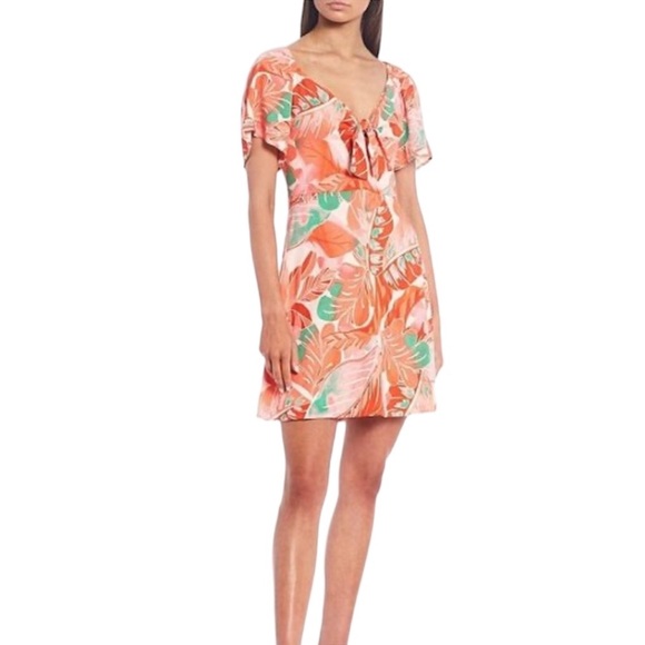 GB Gianni Bini Tropical Flounce Short Sleeve Tie Front Mini Dress NWT - Picture 3 of 8